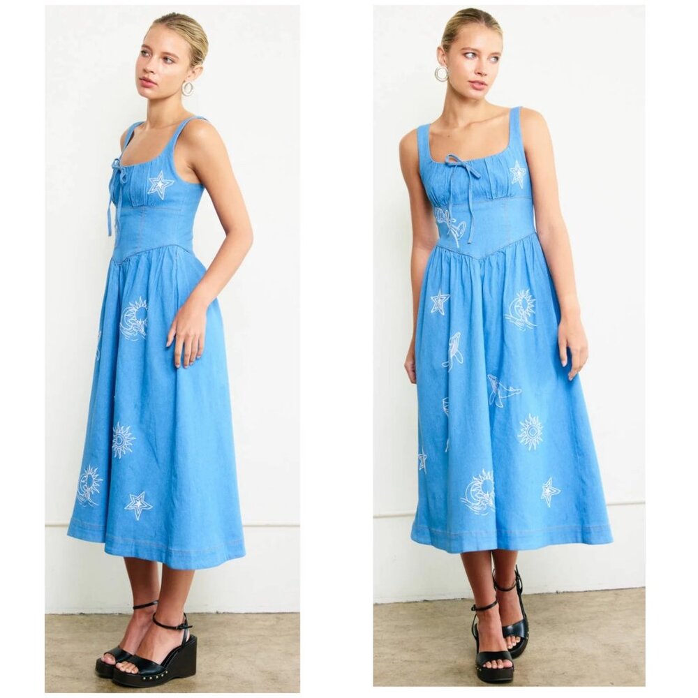 Milkmaid Denim Midi Dress Small Star Celestial Embroidery Cowgirl Cottage Smocke